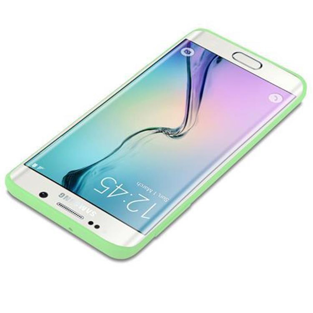 Uno smartphone verde chiaro con display curvo che mostra l'ora.