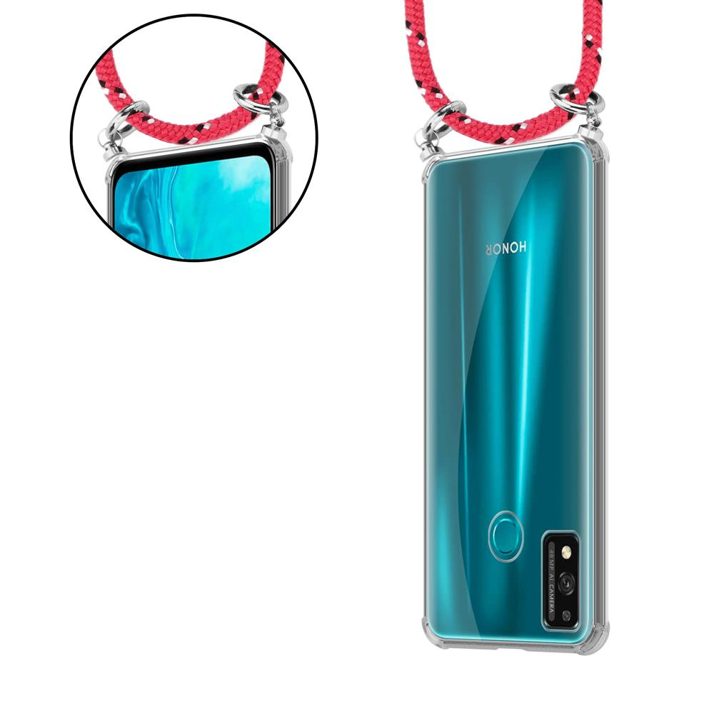 Custodia trasparente con laccetto rosso, mostra uno smartphone.