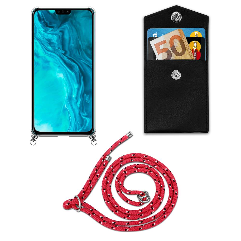 Uno smartphone con laccetto rosso e un portafoglio nero con carte.