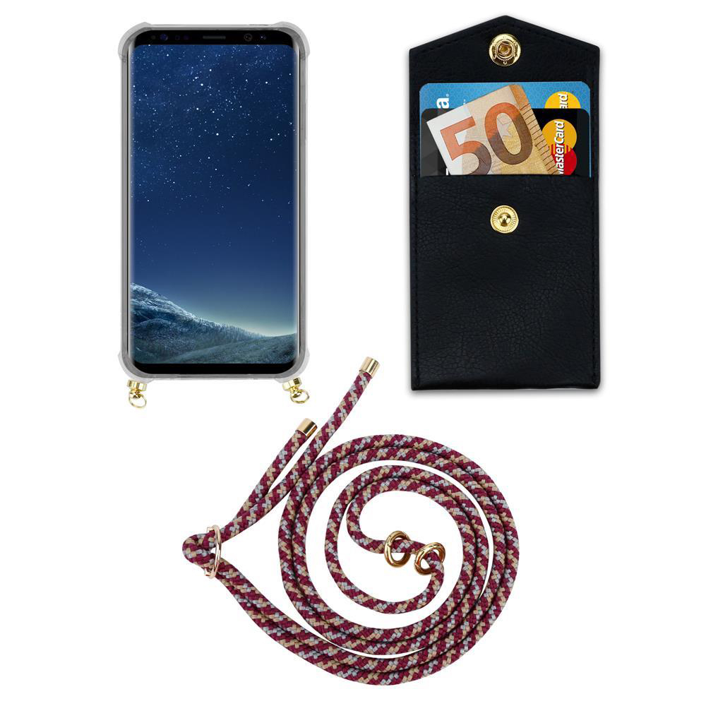 Smartphone con custodia, portafoglio con soldi e carte, e un laccio.