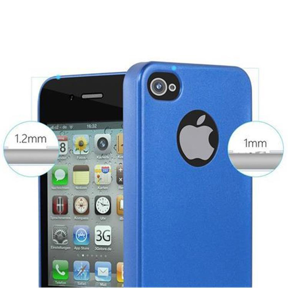 Blaues iPhone-Schutzhülle mit Apfel-Logo; Maße 1,2 mm und 1 mm.