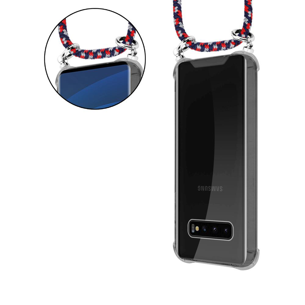 Custodia trasparente per telefono con cordino rosso, bianco, blu.