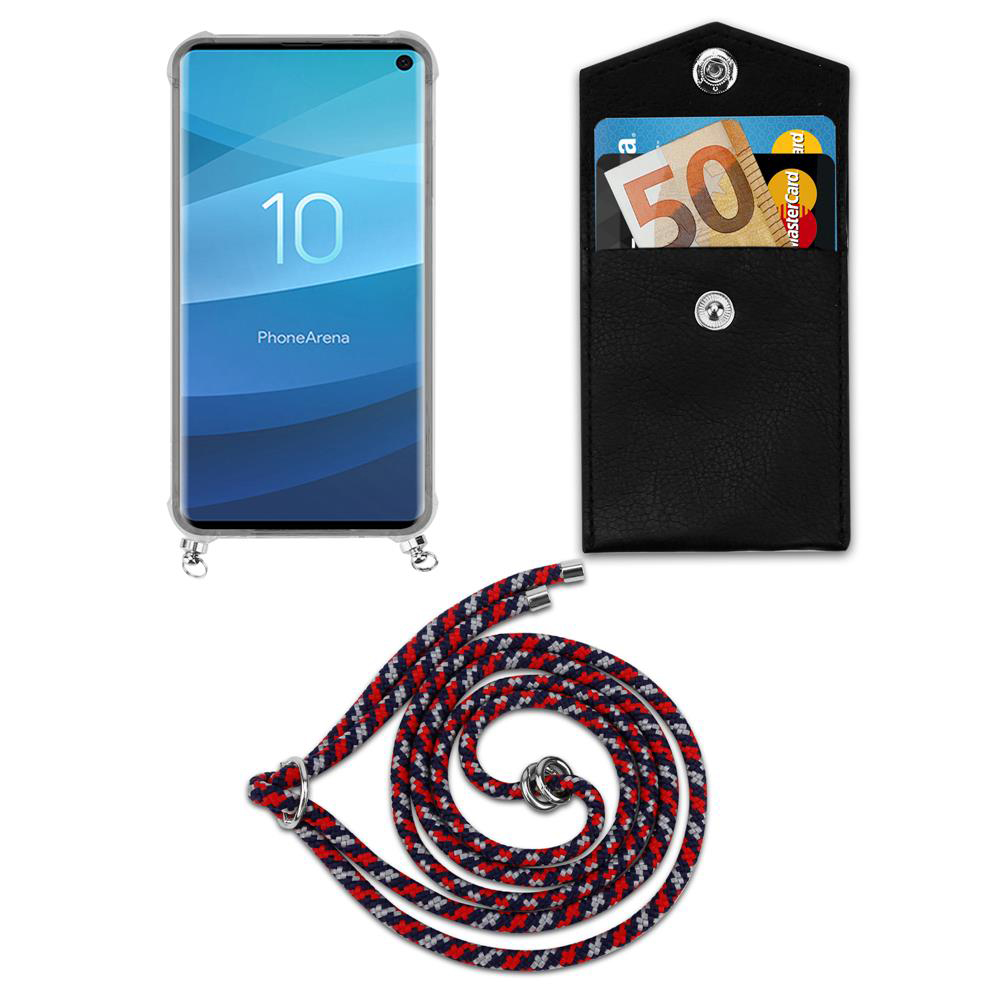 Uno smartphone in una custodia, una tasca nera con soldi e carte, e un cordino.