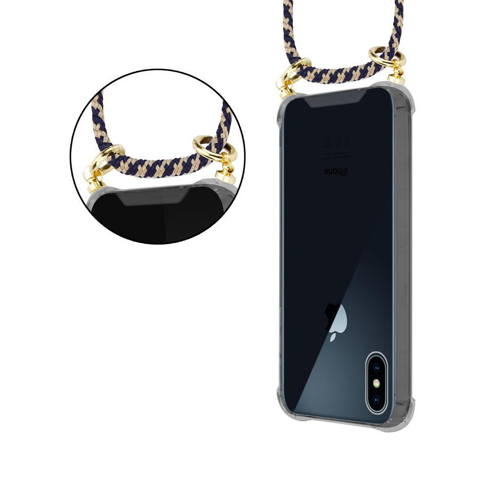 Uno smartphone in una custodia trasparente con un laccetto intrecciato.