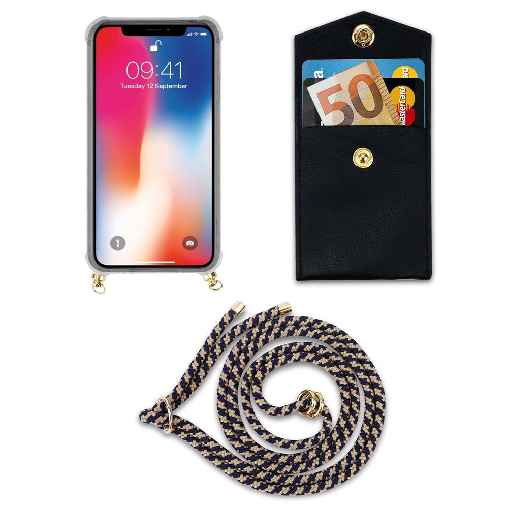 Una custodia per telefono, portafoglio con contanti e carte, e un cordino su sfondo bianco.