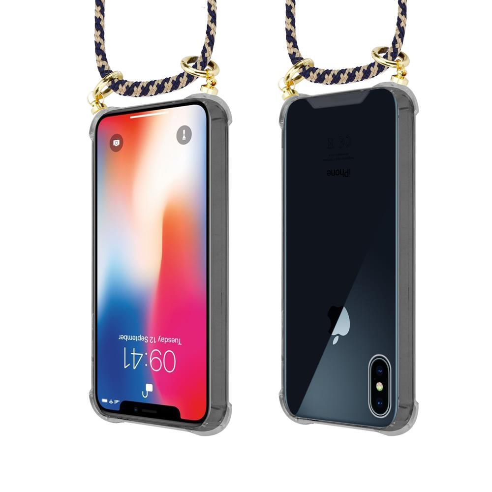 Uno smartphone con cordino, viste frontale e posteriore.