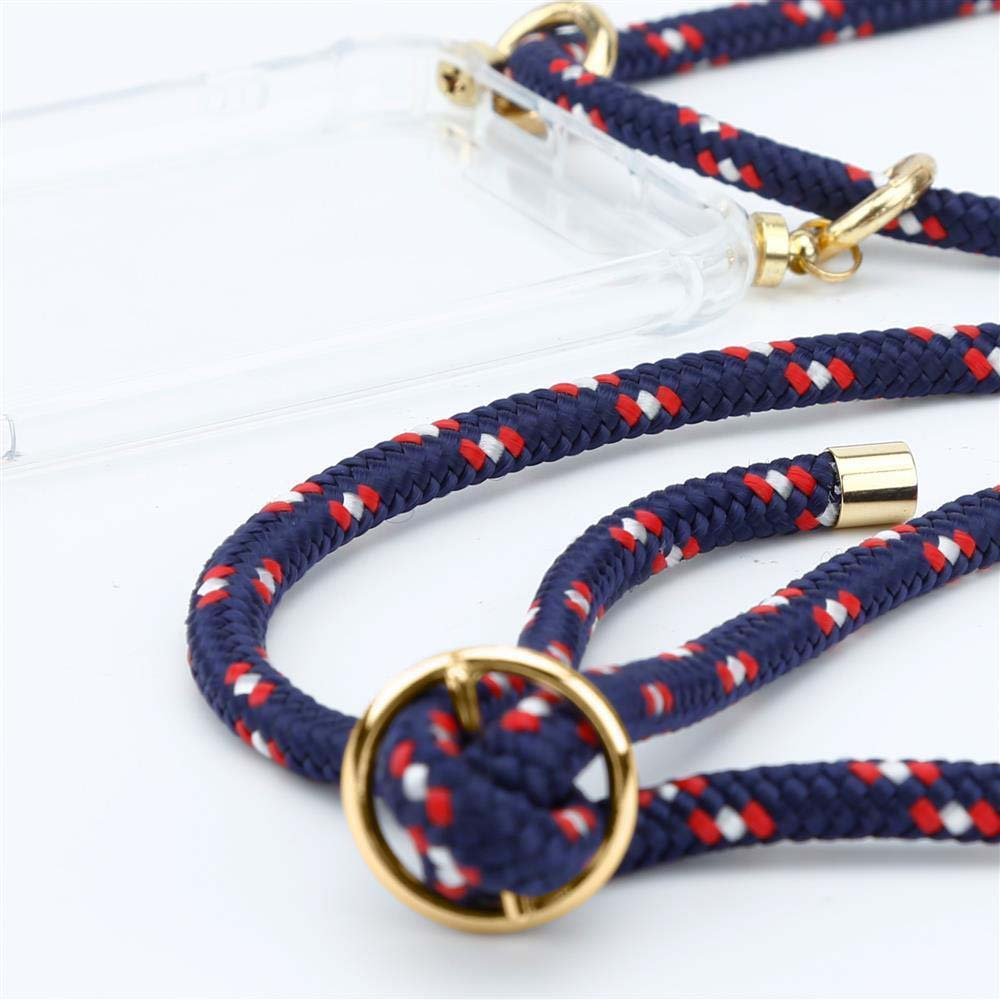 Custodia trasparente per telefono con cordino blu navy con accenti rossi e bianchi.