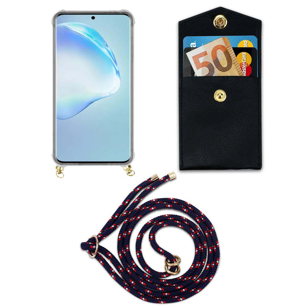Custodia per smartphone con cordino, portafoglio con banconota da 50 euro e carta.