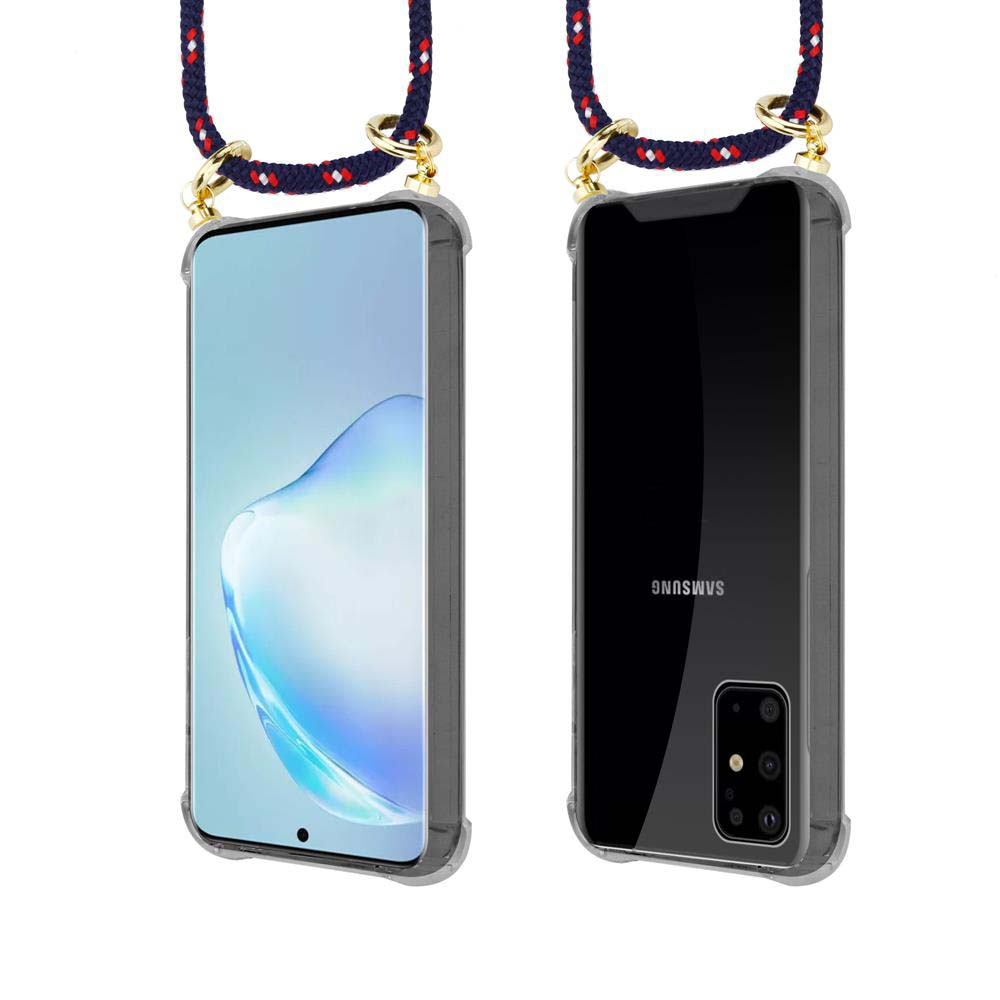 Uno smartphone in custodia trasparente con laccetto, vista frontale e posteriore.
