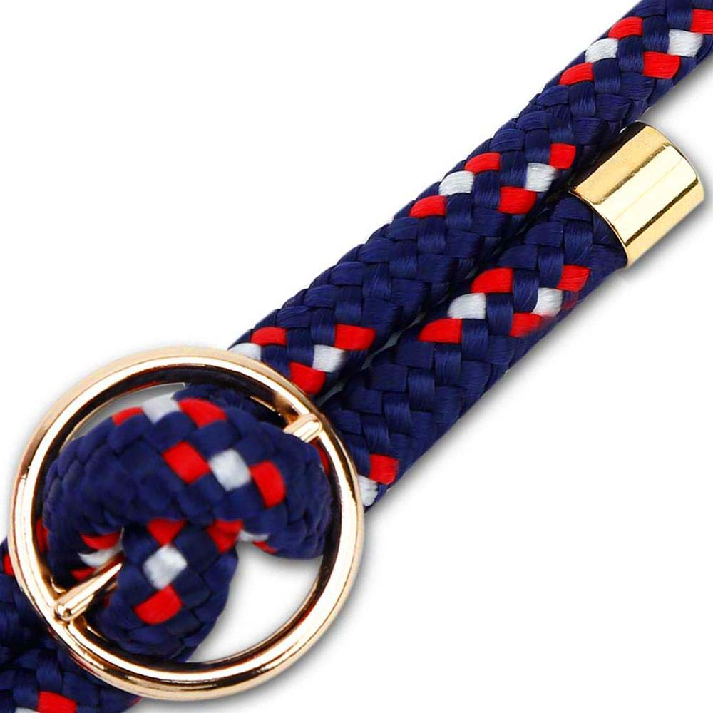 Un cordino blu navy, rosso e bianco con finiture dorate e un anello.