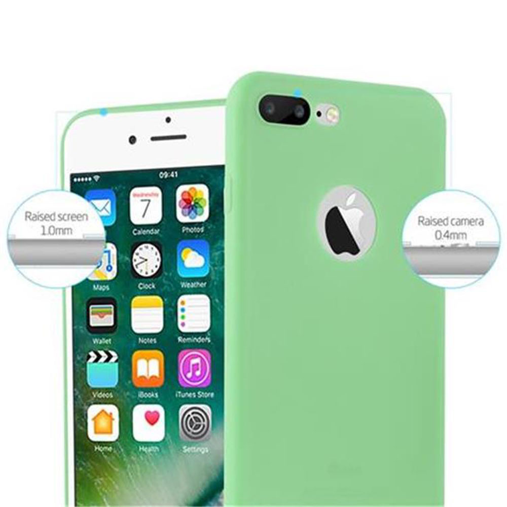 Custodia verde chiaro per iPhone che evidenzia i bordi rialzati di schermo e fotocamera.