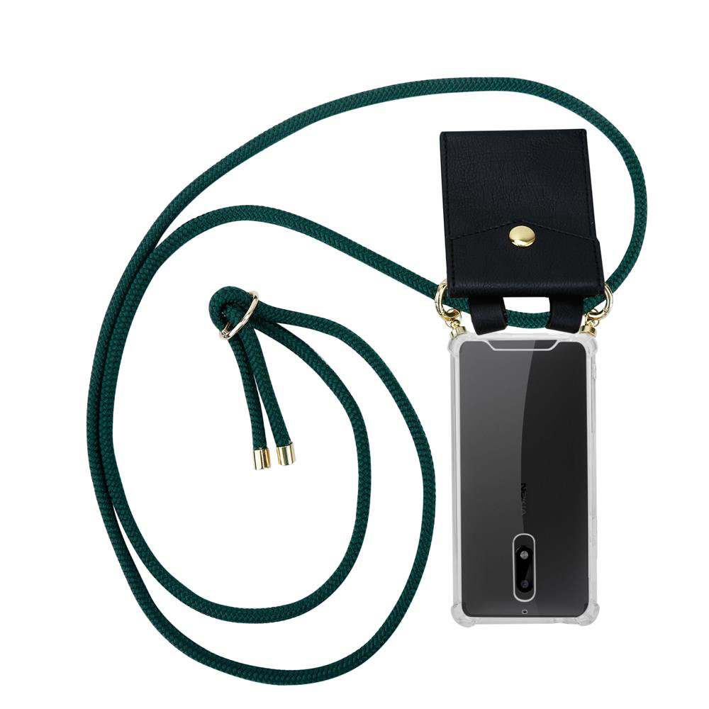 Dunkelgrünes Band mit schwarzer Handytasche und transparentem Handyhülle.