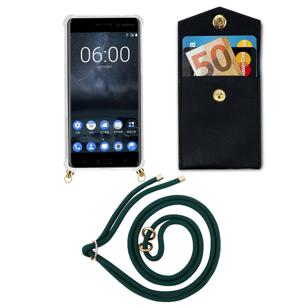 Nokia-Handy in Hülle mit schwarzer Brieftasche, 50€ Schein und Karten.