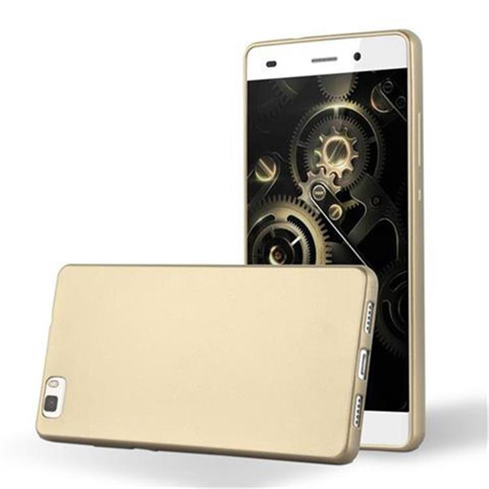 Dos smartphones dorados, uno con engranajes en pantalla, sobre blanco.