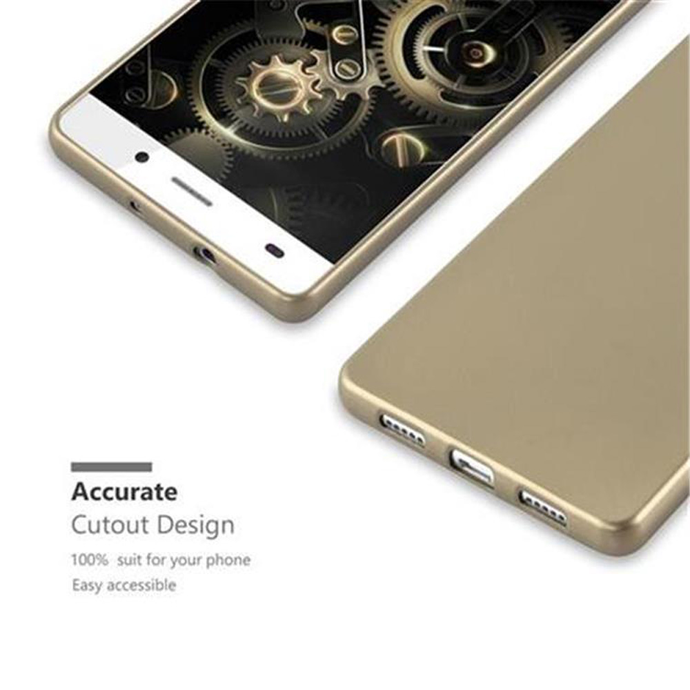 Funda dorada para teléfono con diseño de engranajes y recortes precisos.