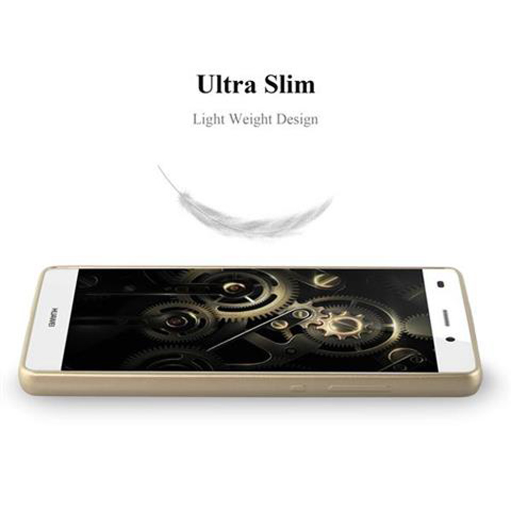 Teléfono dorado con diseño de engranajes en pantalla y pluma encima.