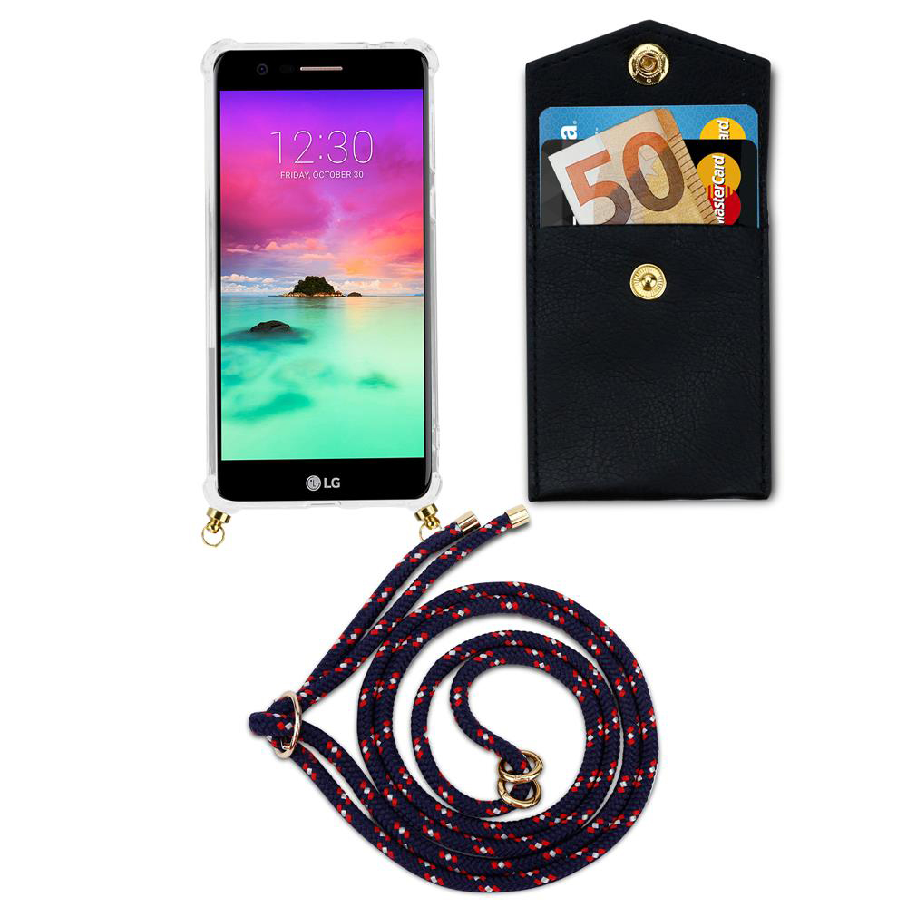 Smartphone mit Hülle, Geldbörse und Lanyard auf weißem Hintergrund.