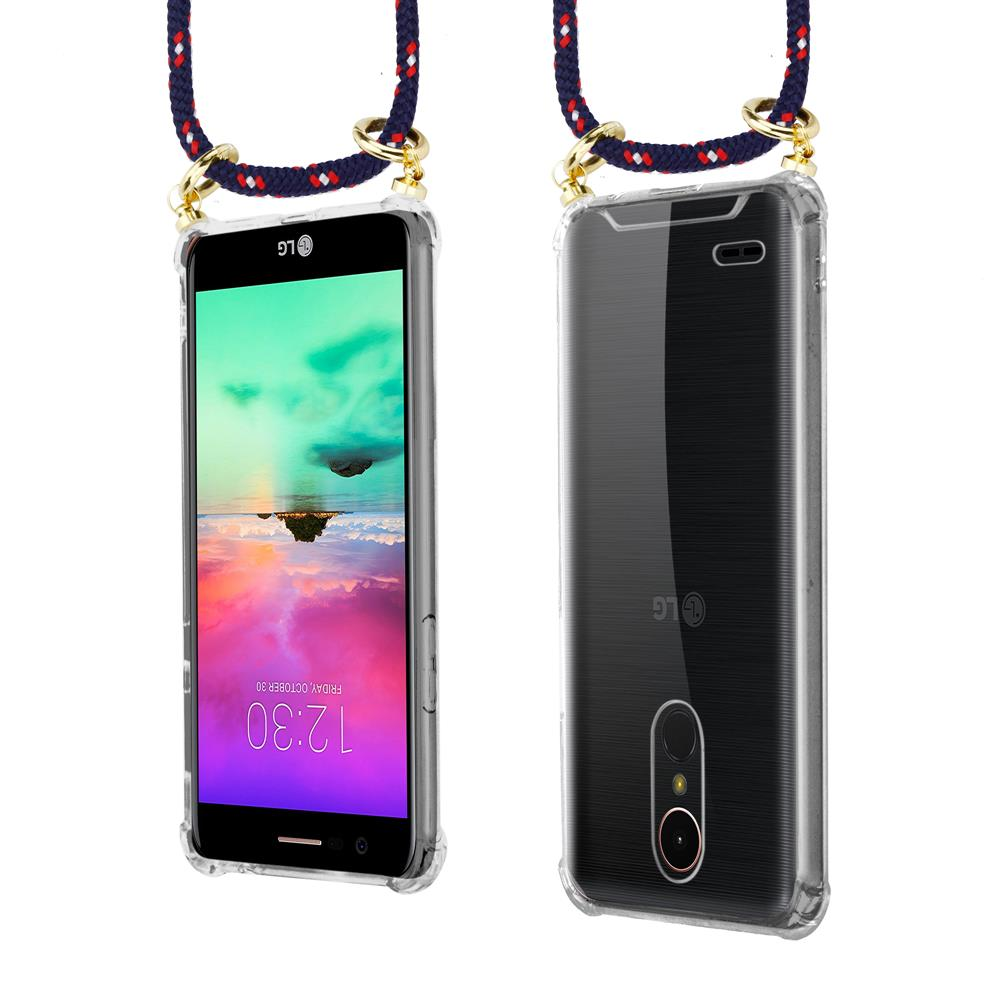 Ein LG Smartphone mit transparentem Case und Lanyard, Vorder- und Rückseite gezeigt.