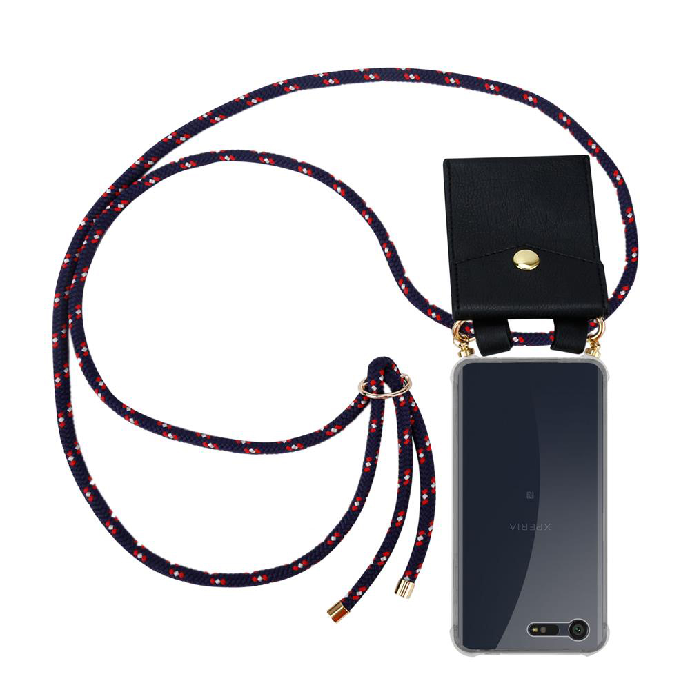 Funda de teléfono con bolsillo de cuero negro y cordón rojo-azul.