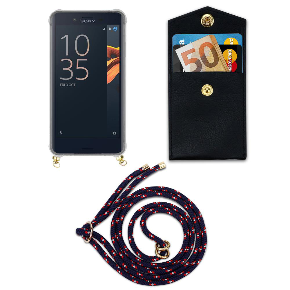 Teléfono inteligente en funda, billetera negra con billete de 50€ y tarjeta, y cordón.