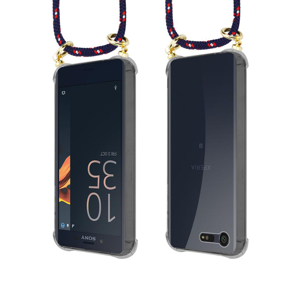Dos vistas de un smartphone en funda transparente con cordón.