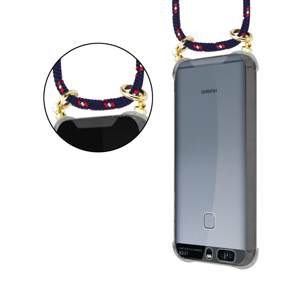 Huawei Handyhülle mit Trageschlaufe, rot-blau und Gold.
