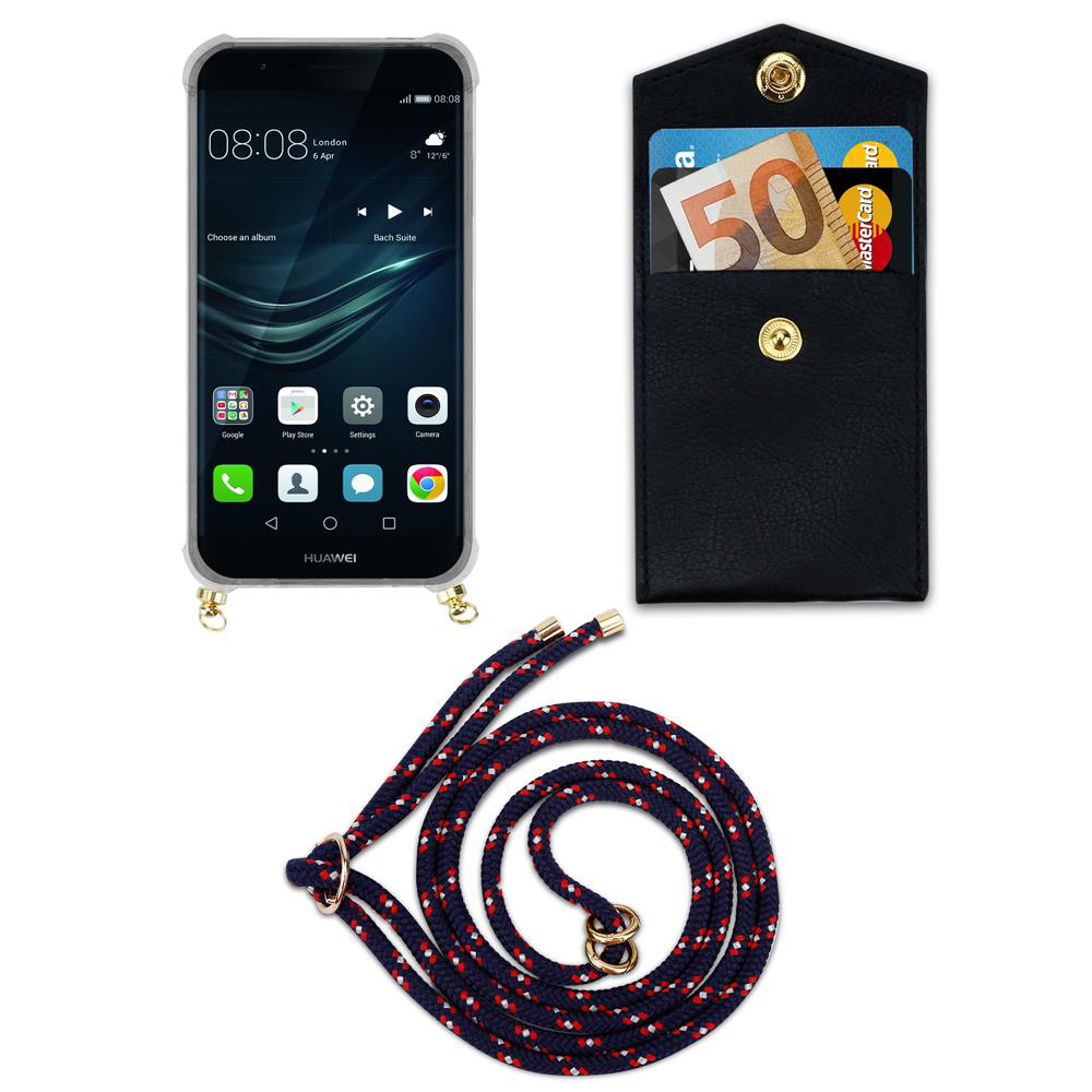 Ein schwarzes Handy mit Schnur und eine schwarze Brieftasche mit Geld und Karten.
