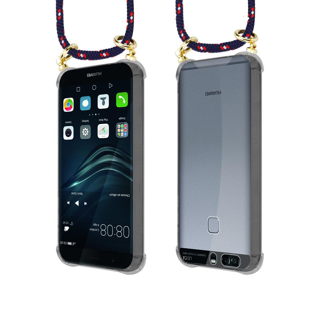 Vorder- und Rückansicht eines Huawei-Handys mit dunklem blau-rotem Band.