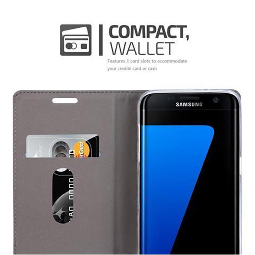Portafoglio grigio per telefono con due slot per carte e uno smartphone Samsung.