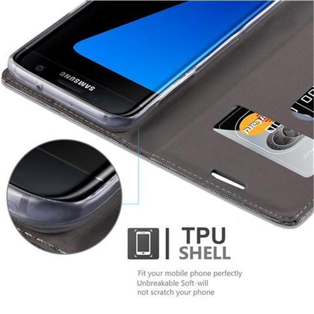 Custodia grigia per telefono con telefono Samsung, slot per carte e guscio TPU.