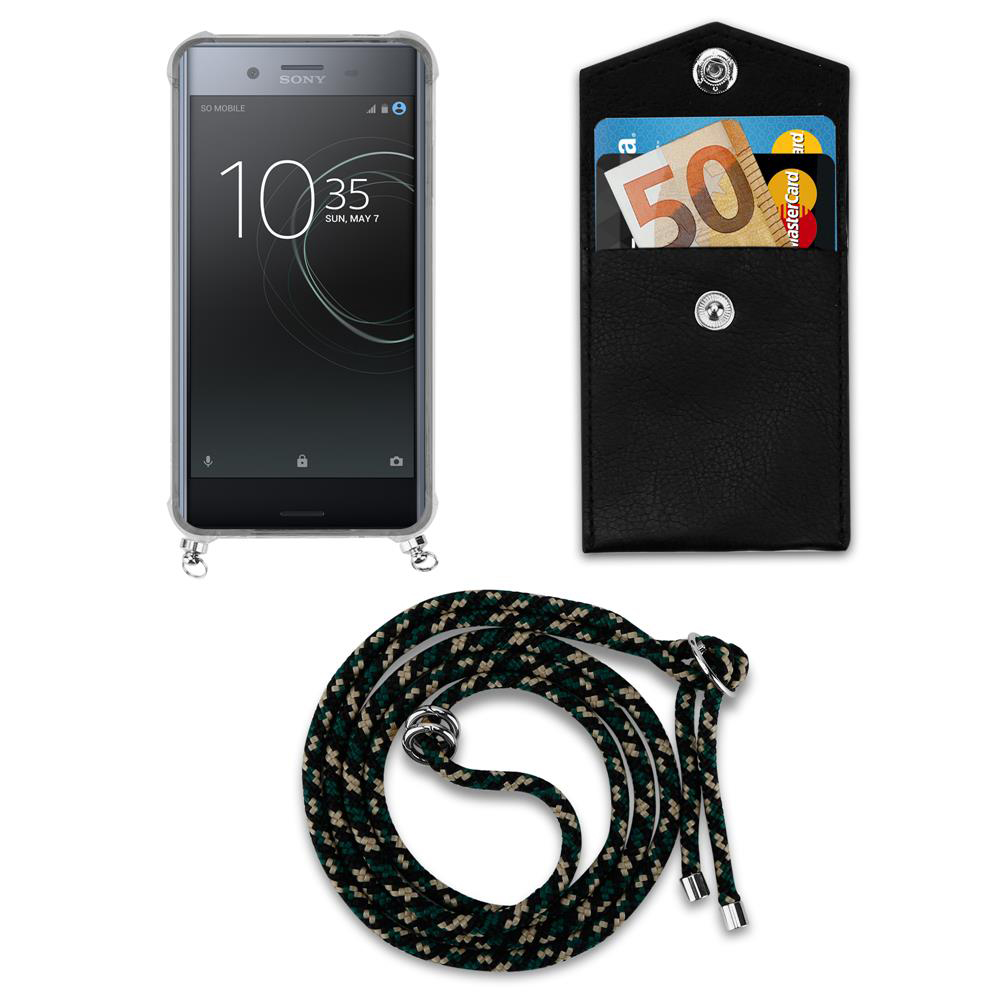 Smartphone Sony con custodia, porta carte e cordino