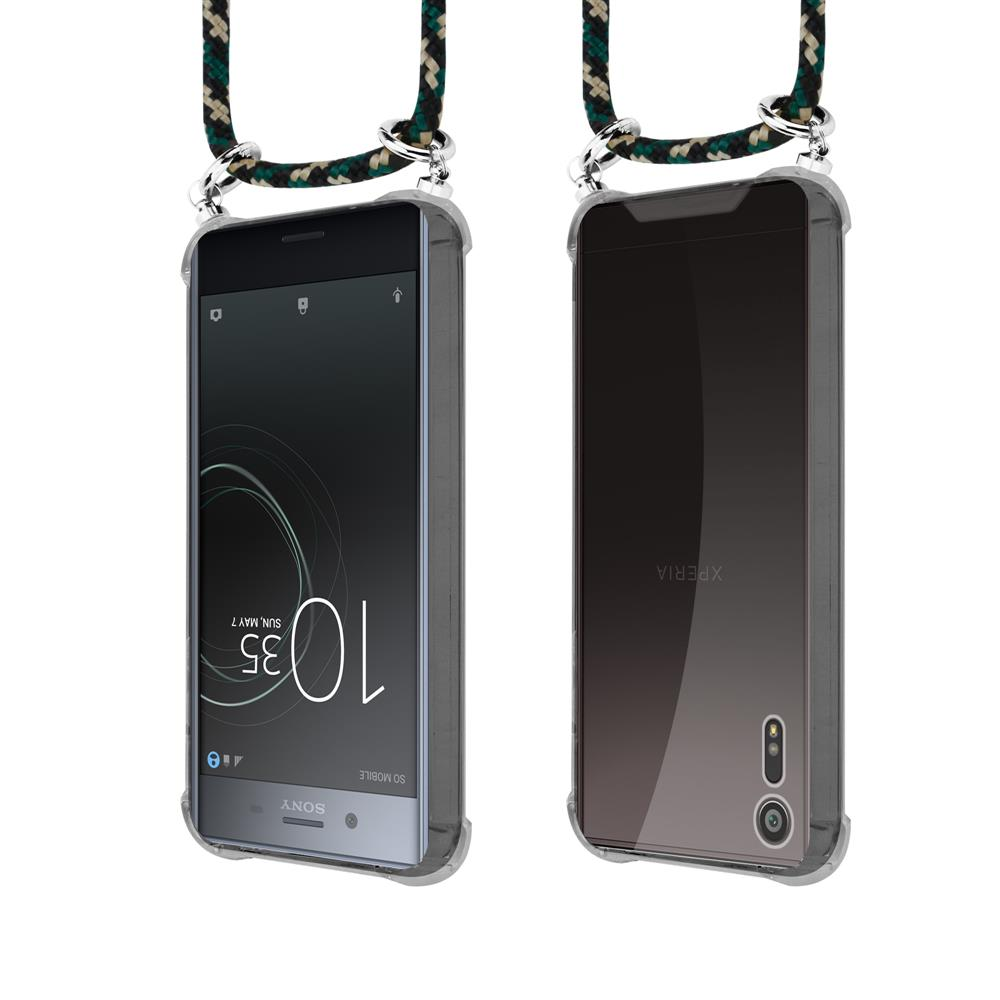 Due telefoni Sony Xperia in custodie trasparenti con cordini fantasia. Vista frontale mostra 10:35.