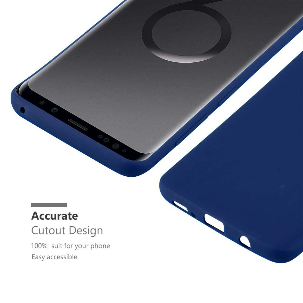 Una custodia blu per telefono e uno smartphone con un'icona circolare sullo schermo.