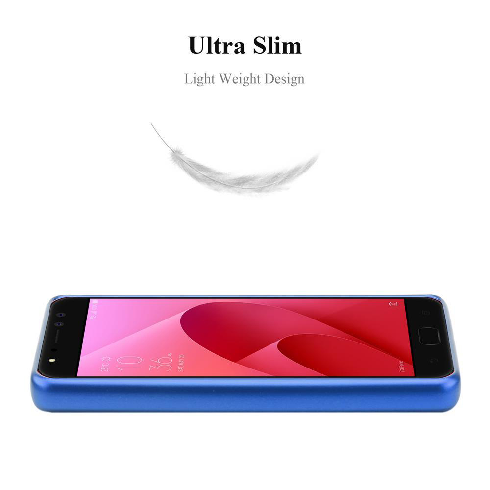 Uno smartphone blu sottile con uno sfondo rosso sullo schermo.