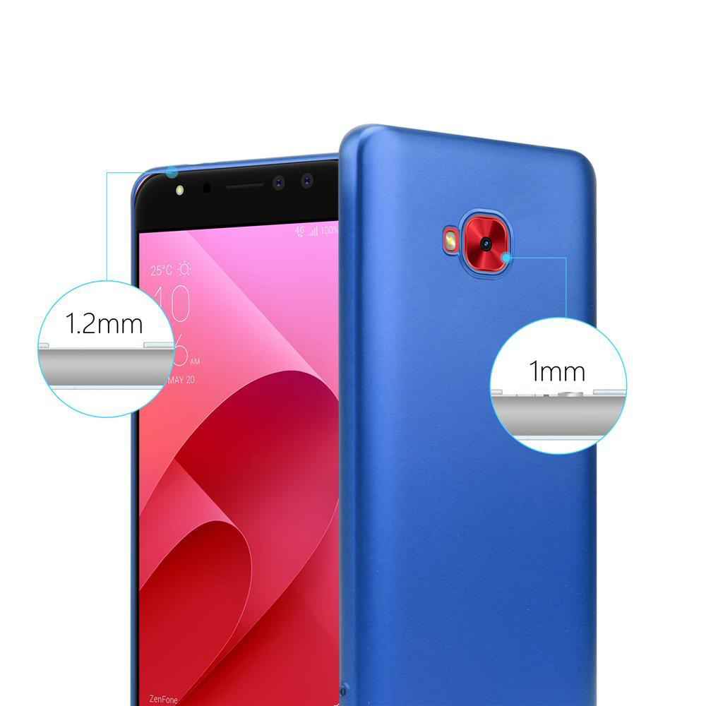 Un telefono blu con una custodia accanto, che mostra uno spessore di 1,2mm e 1mm.