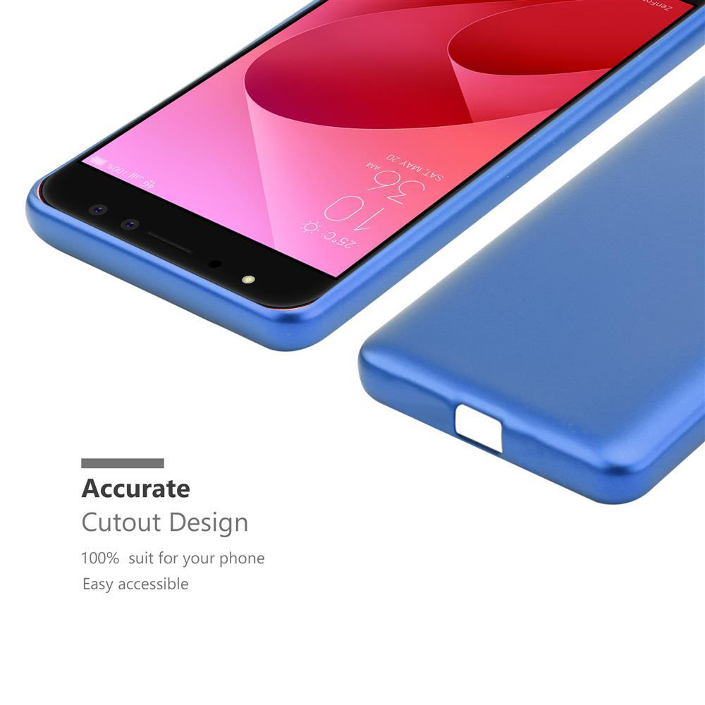 Telefono blu con sfondo rosa e custodia blu.