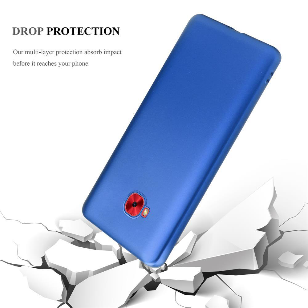Cover blu per telefono su terreno crepato, che cade.