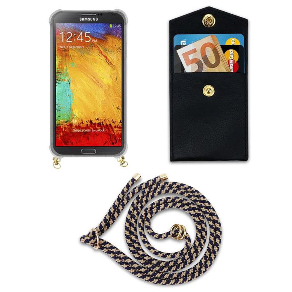 Smartphone con custodia, portafoglio con soldi e carte, e un cordino.