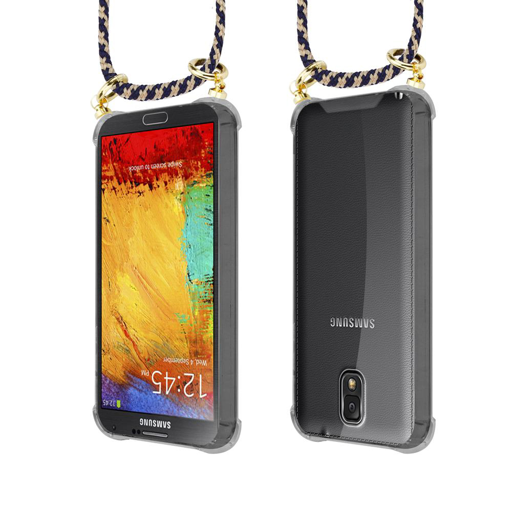 Uno smartphone con uno sfondo colorato e un cordino.