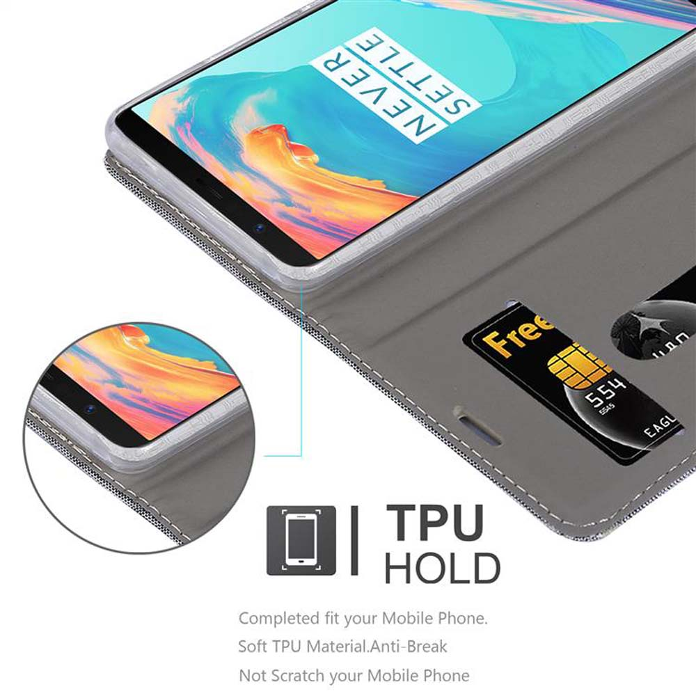 Graue Handyhülle mit Kartenfächern und einem Smartphone mit Schriftzug.