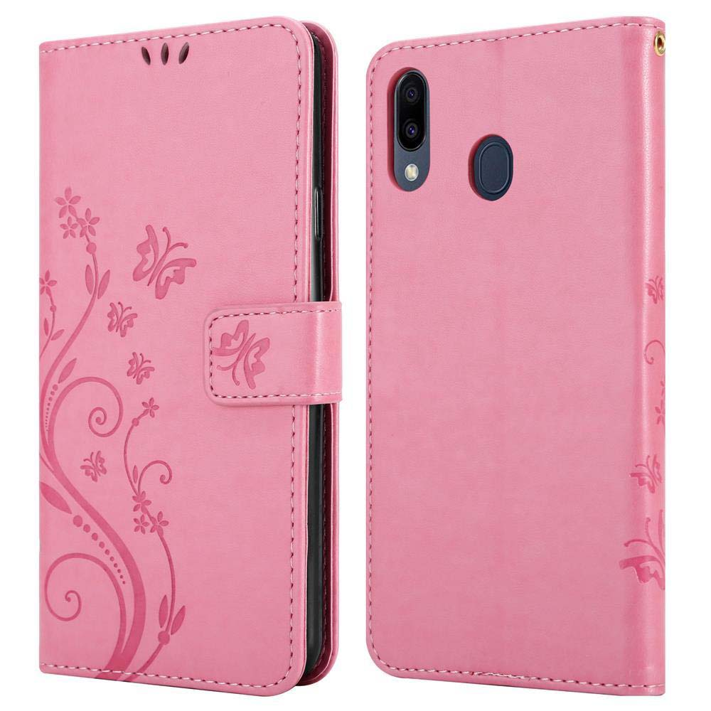 Una custodia a libro rosa per telefono con motivi floreali.