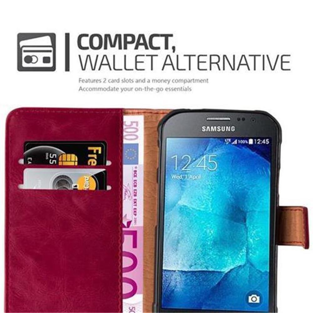 Custodia a portafoglio rossa con telefono Samsung, carte e denaro.