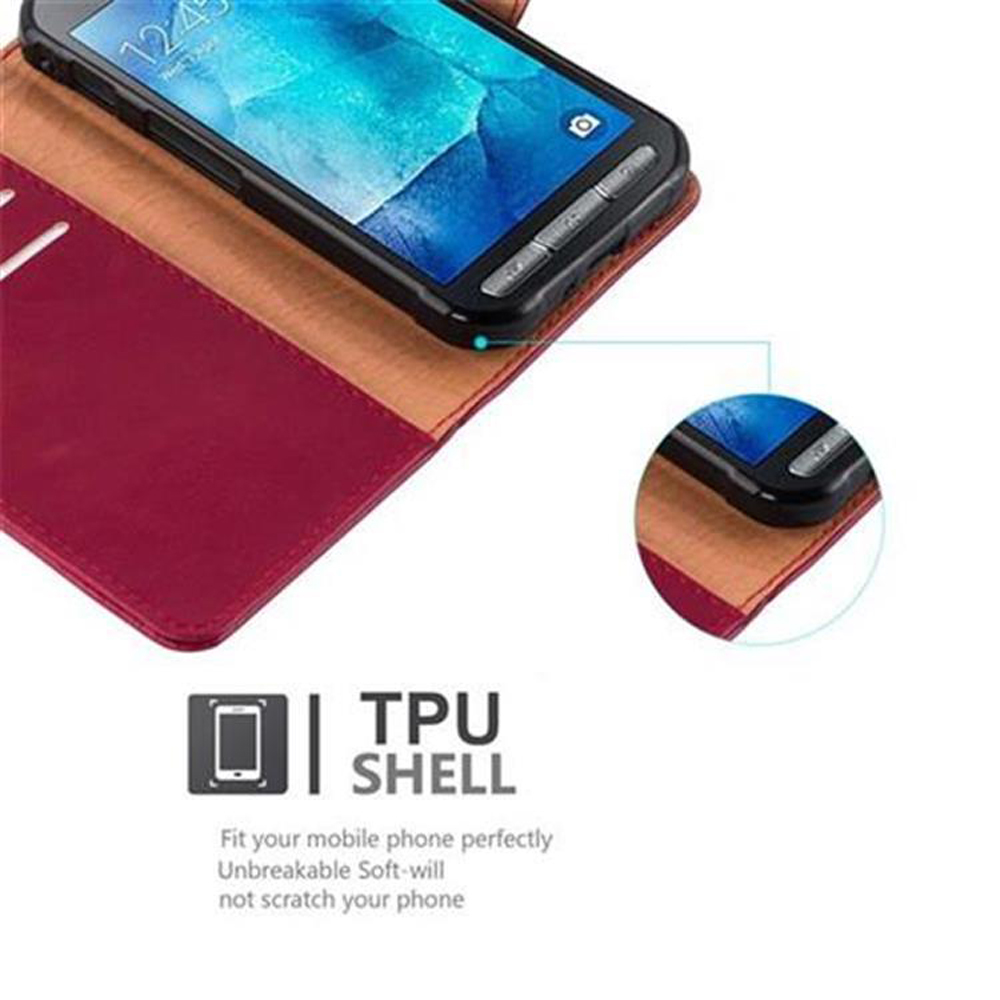 Un telefono cellulare in una custodia rossa e cuoio con testo.