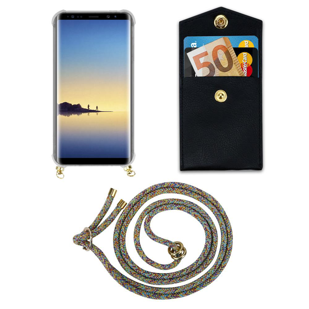Uno smartphone in custodia, una tasca nera con soldi e carte, e un cordone colorato.