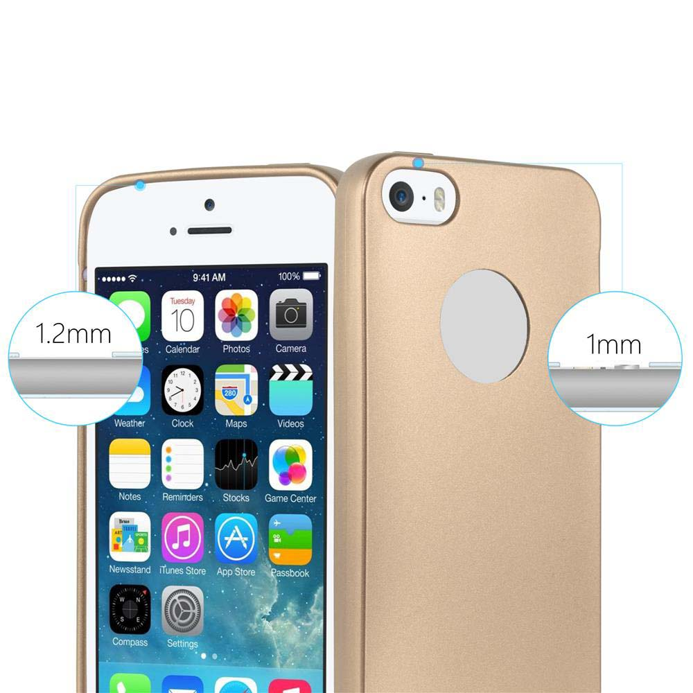 Una cover dorata per iPhone che mostra uno spessore di 1,2 mm e un bordo di 1 mm.