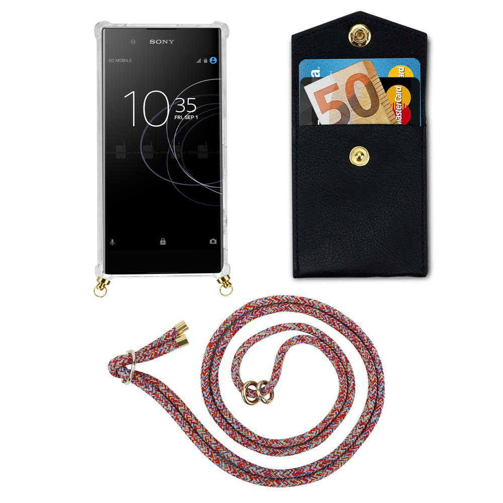 Sony Handyhülle mit Kordel, schwarzes Kartenetui mit Euro und Mastercards.