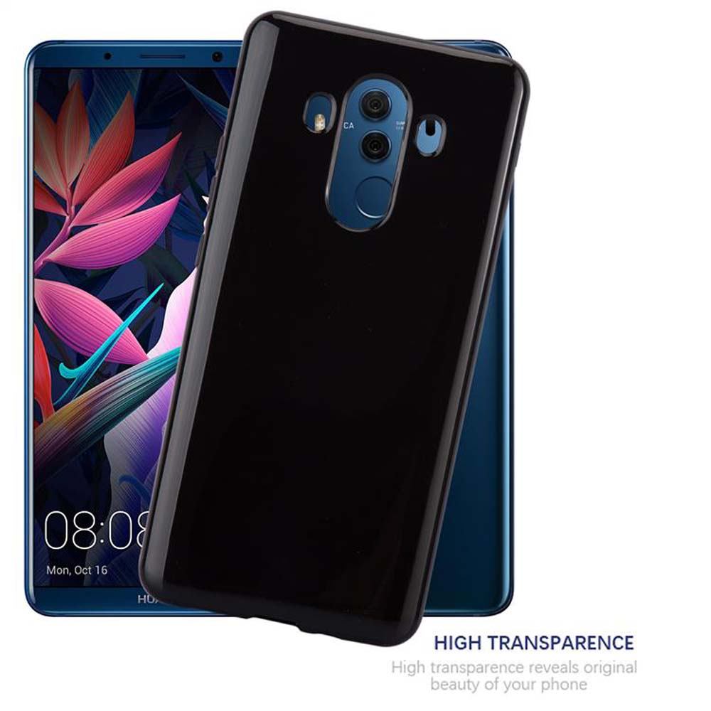 Una custodia nera per telefono è mostrata su uno smartphone blu con sfondo colorato. Doppia fotocamera visibile.