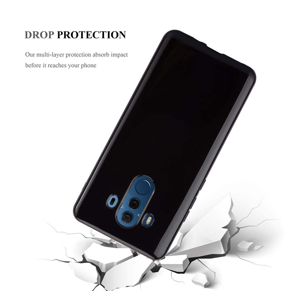Custodia nera per telefono che cade su terreno incrinato, illustra protezione.