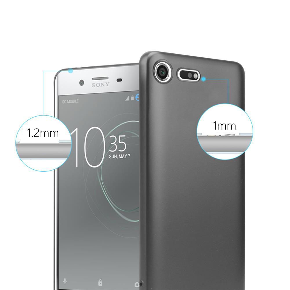 Un telefono grigio con custodia, che mostra le misure.