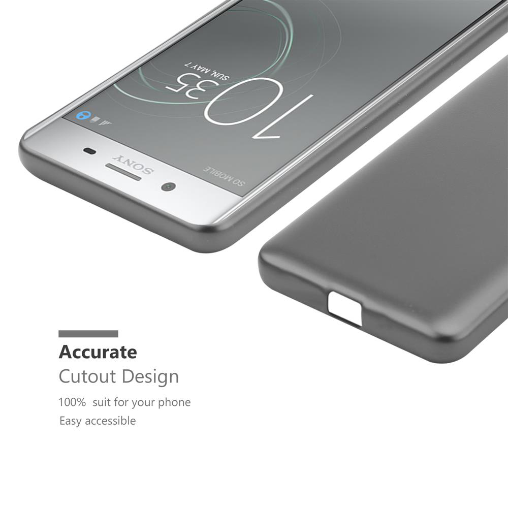 Smartphone grigio con custodia protettiva. Ora 10:35.